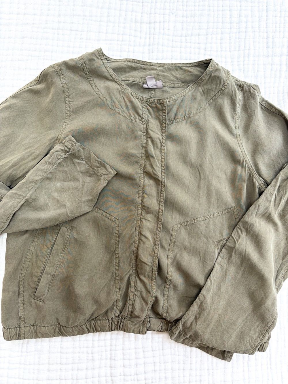J.Jill 100% Silk Olive Green Bomber Jacket XS Utility Casual Luxe
